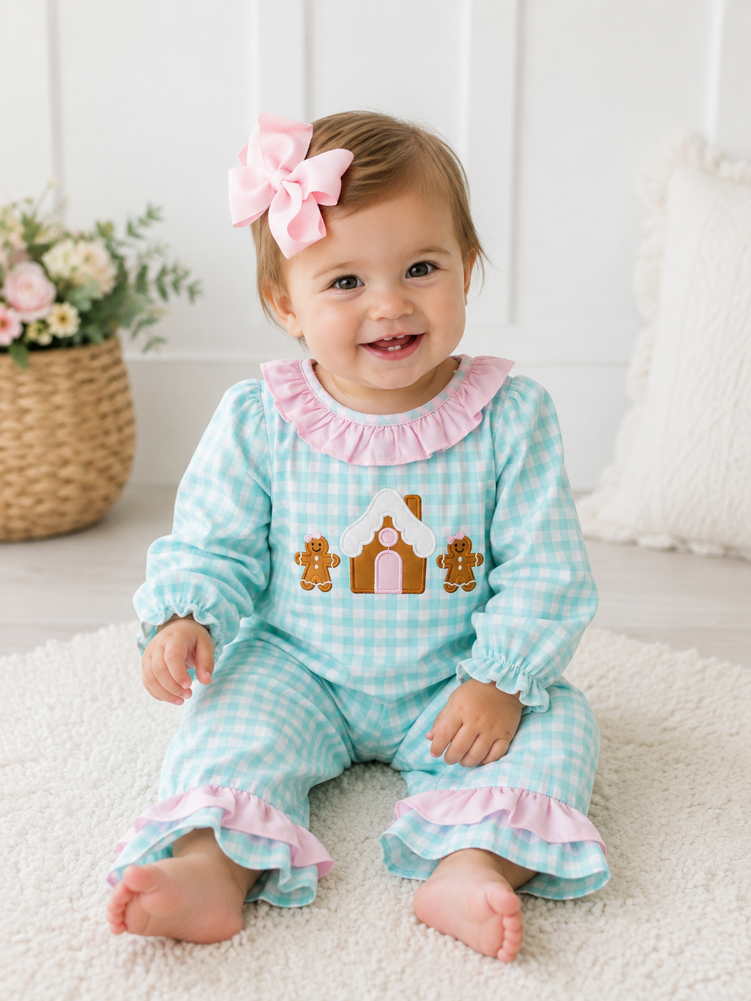 Girls Gingerbread Christmas Gingham Romper – Mint & Pink