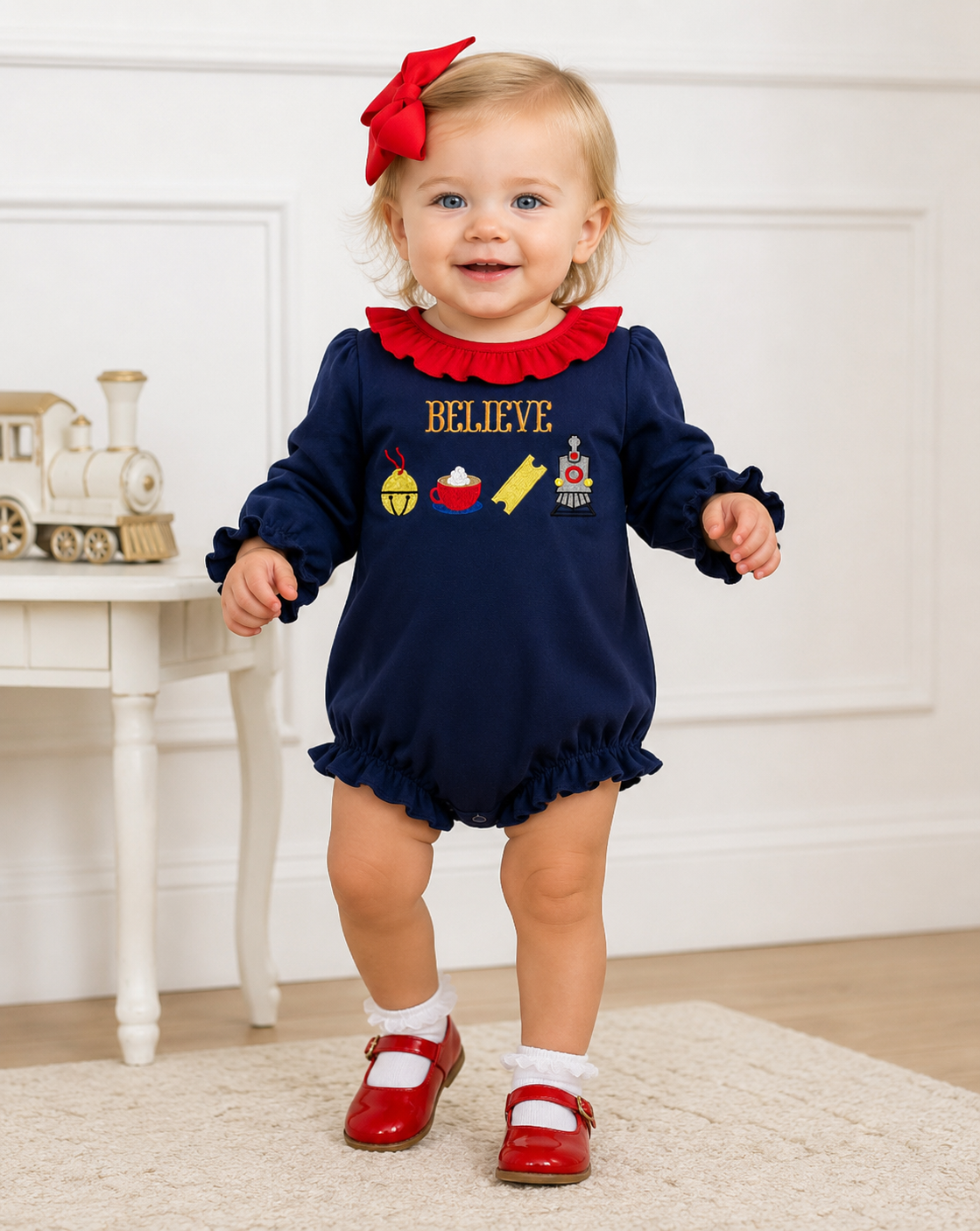 Girls Believe Christmas Train French Knot Bubble