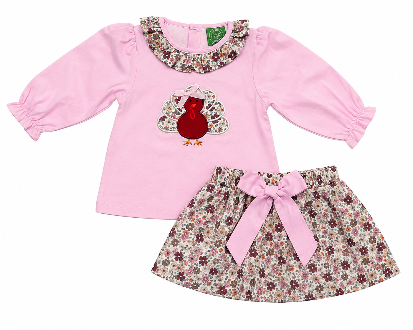 Girls Pink Floral Turkey Appliqué Skort Outfit – Thanksgiving Set