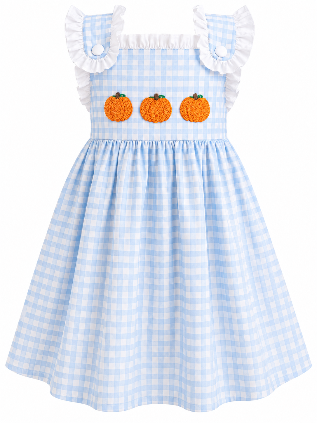 A light blue and white gingham dress for toddlers, featuring ruffled shoulder straps, three orange pumpkin appliques on the chest, and a flared skirt.