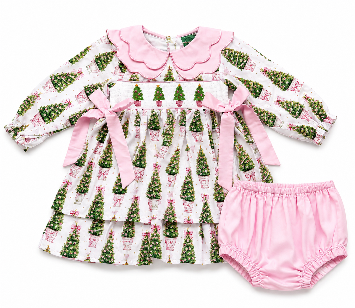Girls Pink Christmas Tree Smocked Dress & Bloomer Set