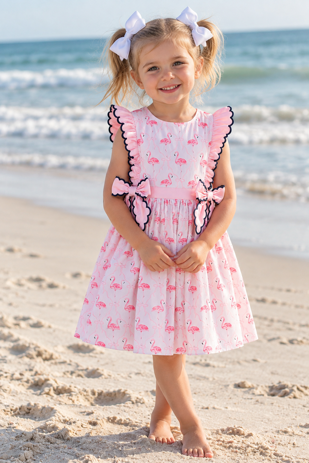 3-year-old girl wearing a pink flamingo print dress with navy scalloped trim and white hair bows on the beach.