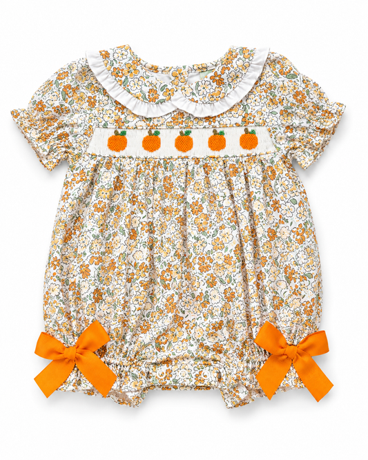 Hand Smocked Pumpkin Floral Bubble for Girls | Fall Boutique Baby Bubble Romper
