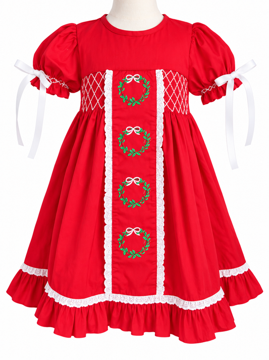Girls’ Red Smocked Christmas Dress with Embroidered Wreaths