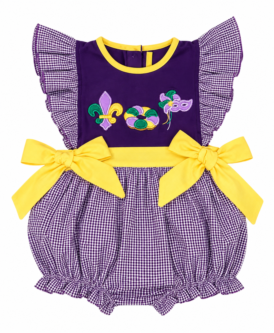 Girls purple gingham Mardi Gras bubble with yellow bows and fleur-de-lis, beads and mask appliqués.