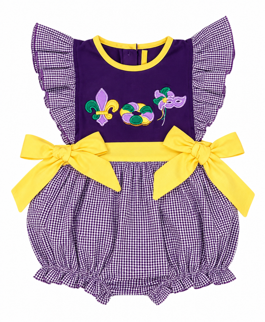 Girls purple gingham Mardi Gras bubble with yellow bows and fleur-de-lis, beads and mask appliqués.
