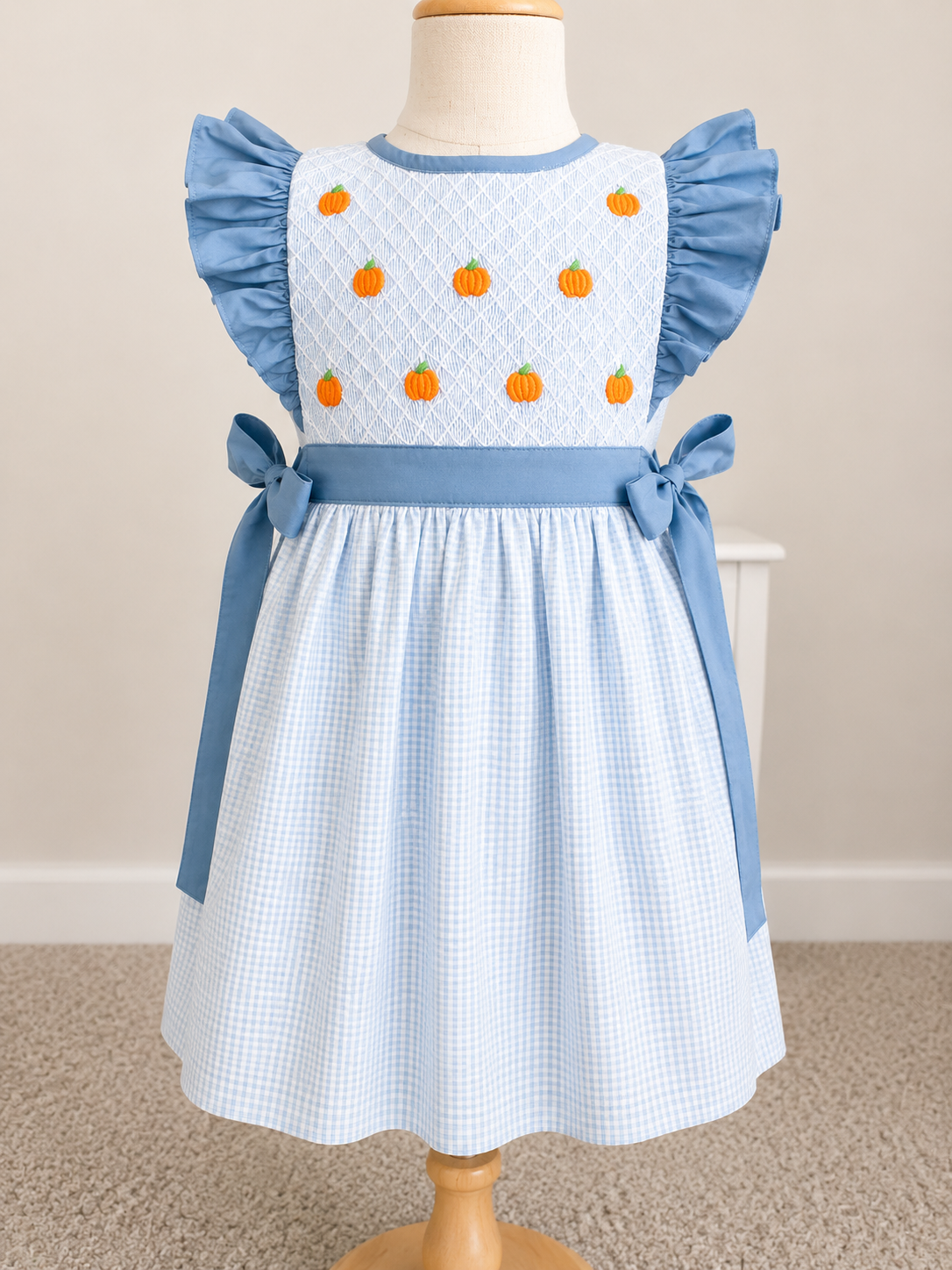 Girls Hand Smocked Blue Gingham Pumpkin Dress