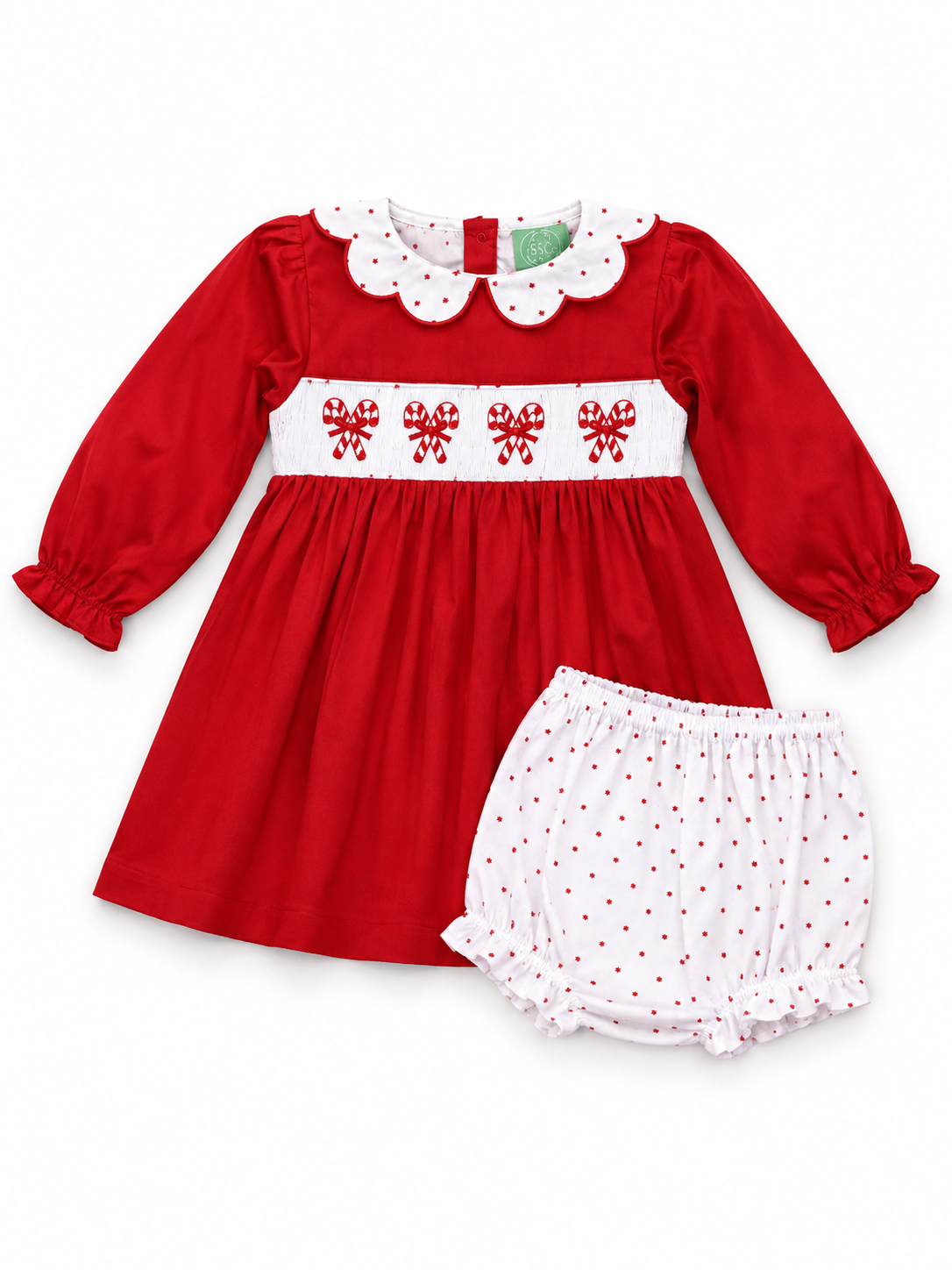 Girls Hand-Smocked Candy Cane Bow Red Christmas Bloomer Set
