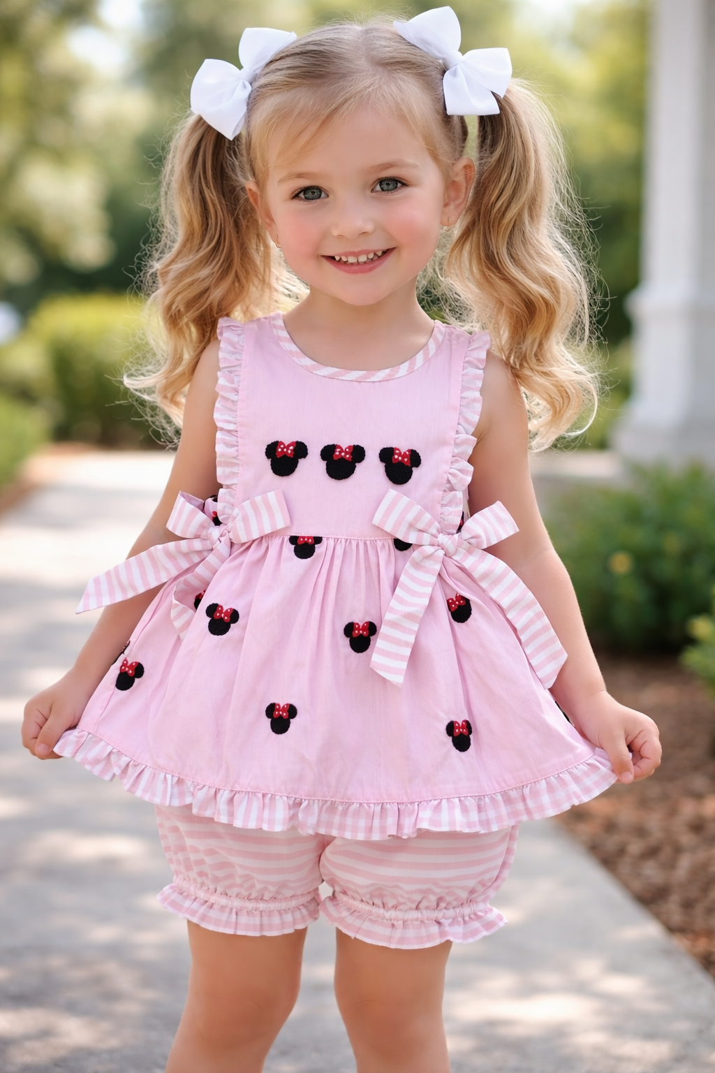 Pink Minnie French Knot Bloomer Set – Mouse Embroidered Girls Outfit