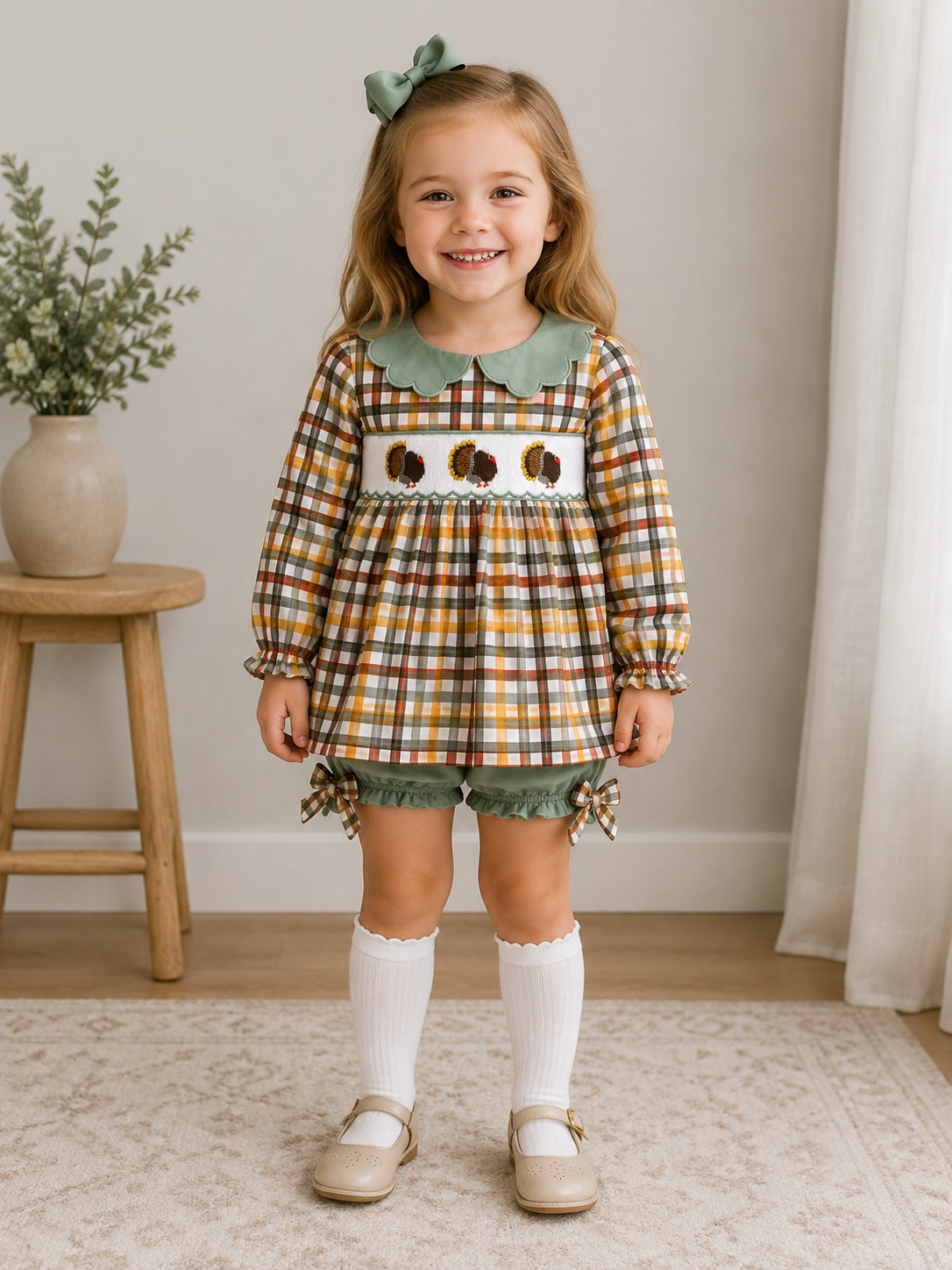 Hand Smocked Girls Plaid Turkey Bloomer Set