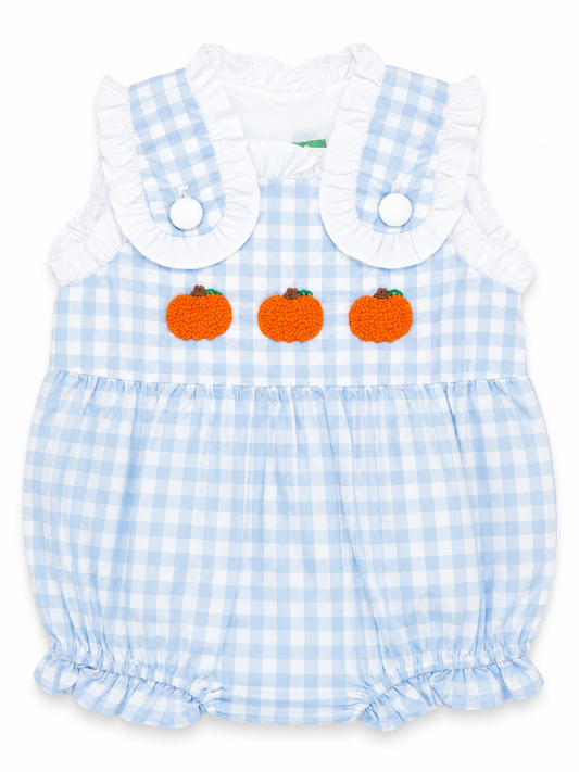 Girls Blue & White Gingham French Knot Pumpkin Bubble | Classic Fall Romper