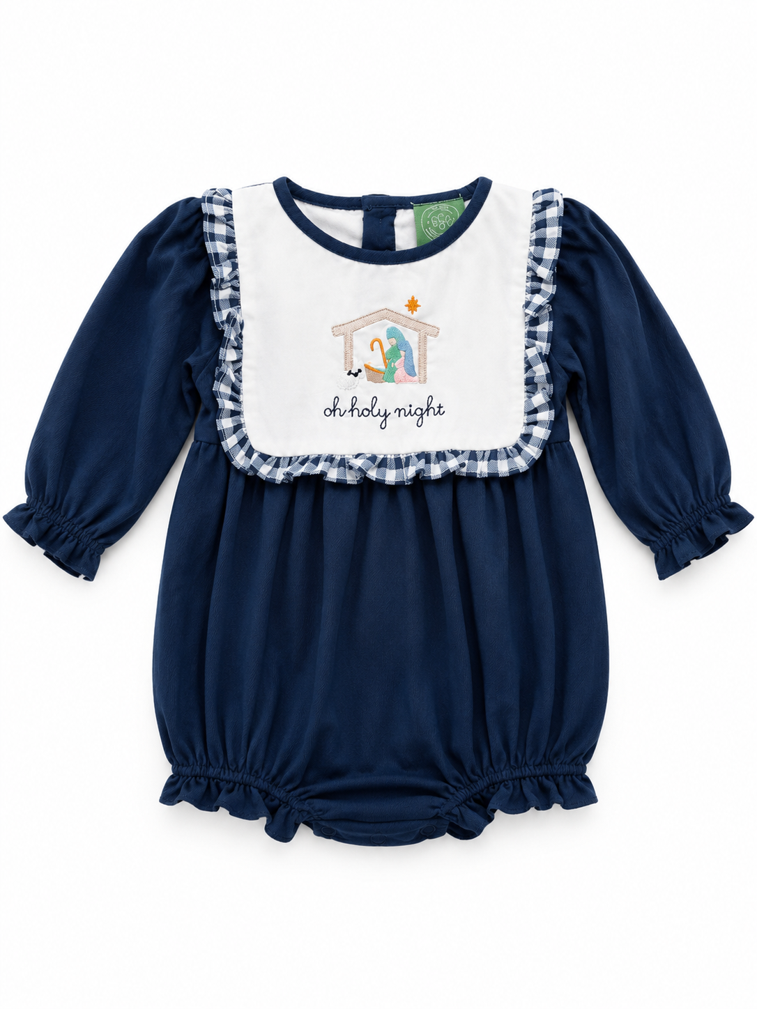 Girls O Holy Night Nativity Embroidered Navy Corduroy Christmas Bubble