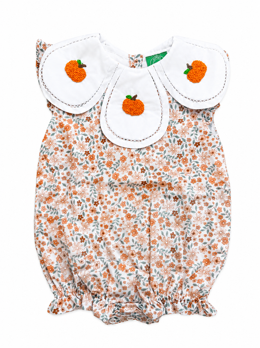 Girls Floral Hand Smocked Pumpkin Petal Collar Bubble | Heirloom Fall Baby Bubble