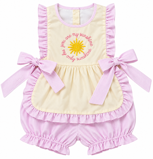 Girls You Are My Sunshine yellow bloomer set with embroidered sun, pink striped ruffles, side-tie bows and matching bloomers.