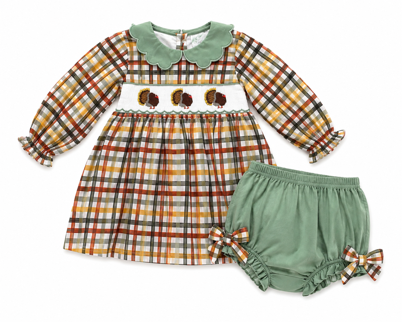 Hand Smocked Girls Plaid Turkey Bloomer Set