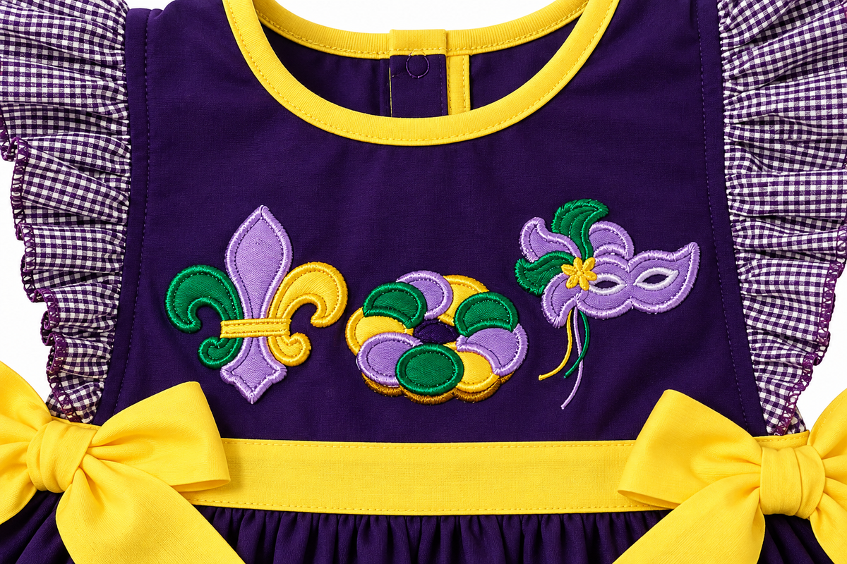 Close-up of Mardi Gras appliqués featuring a fleur-de-lis, beads and masquerade mask on a purple girls bubble