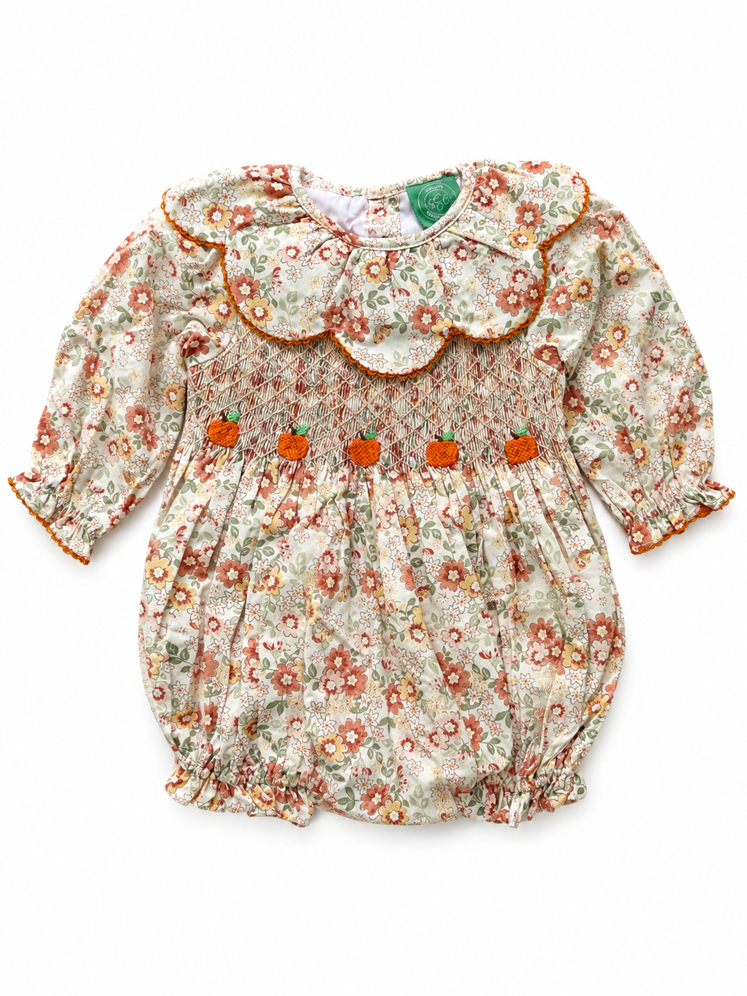 Girls Hand-Smocked Floral Pumpkin Bubble | Fall & Thanksgiving Outfit