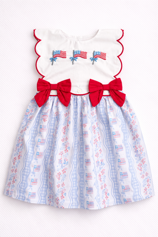 Girls French Knot American Flag Dress – Patriotic 4th of July Outfit with Red Bow Detail | Sister Match Available