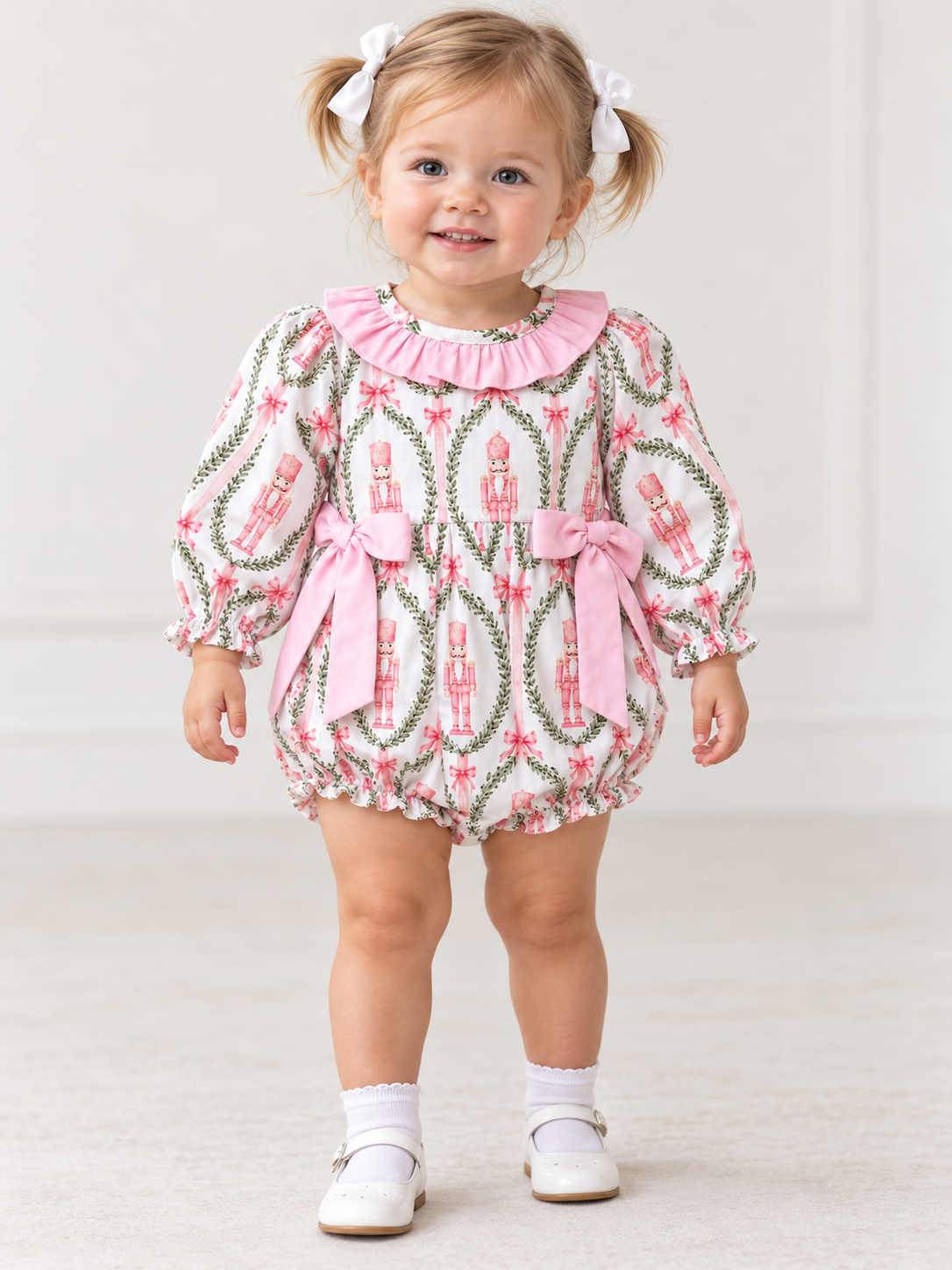 Pink Nutcracker Christmas Bubble Romper with Bows & Ruffle Collar