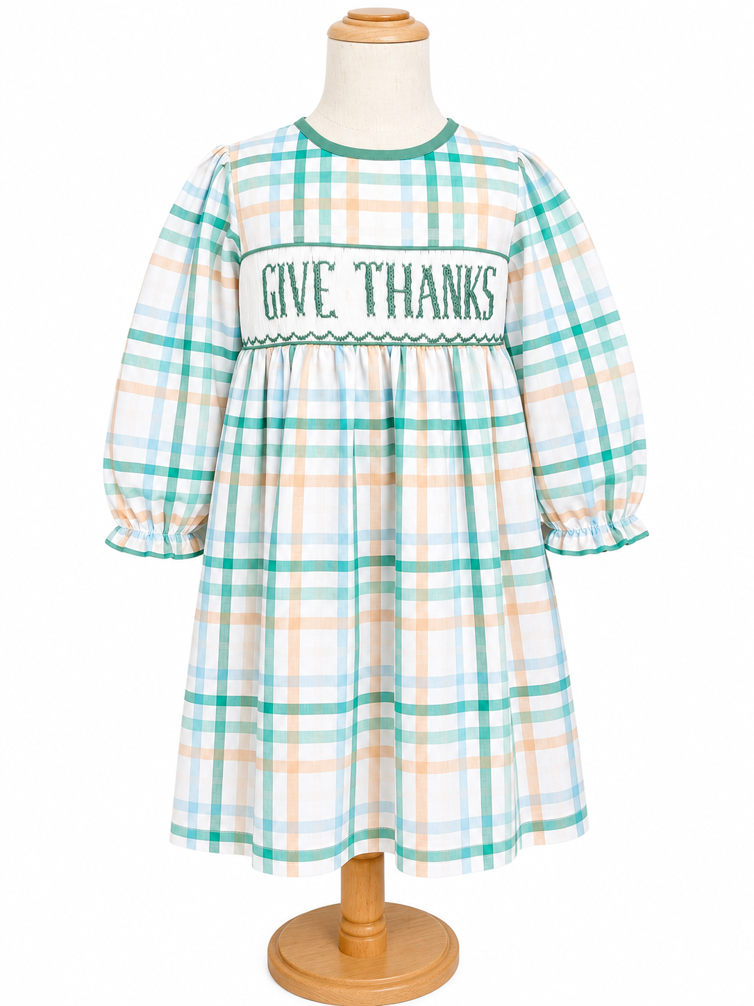 Girls Hand-Smocked “Give Thanks” Thanksgiving Plaid Dress
