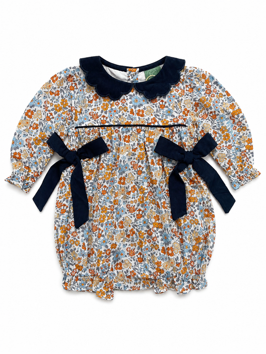 Girls Autumn Floral Bubble Romper with Navy Corduroy Bows