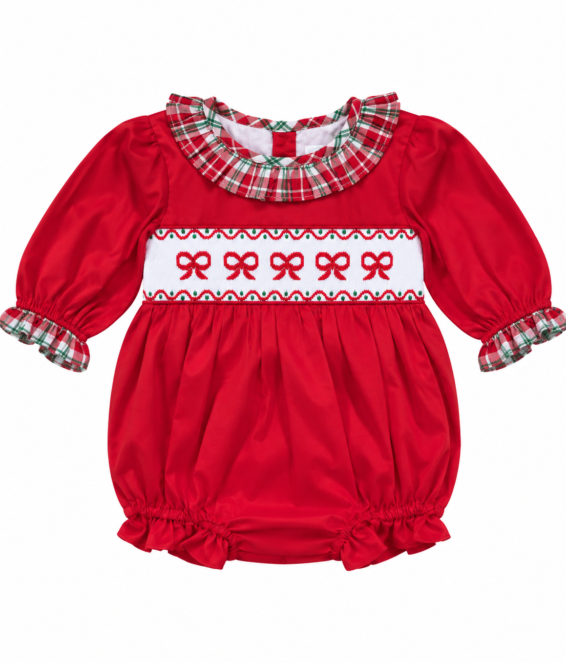 Girls red hand-smocked Christmas bow bubble romper with plaid ruffle collar and cuffs on white background.