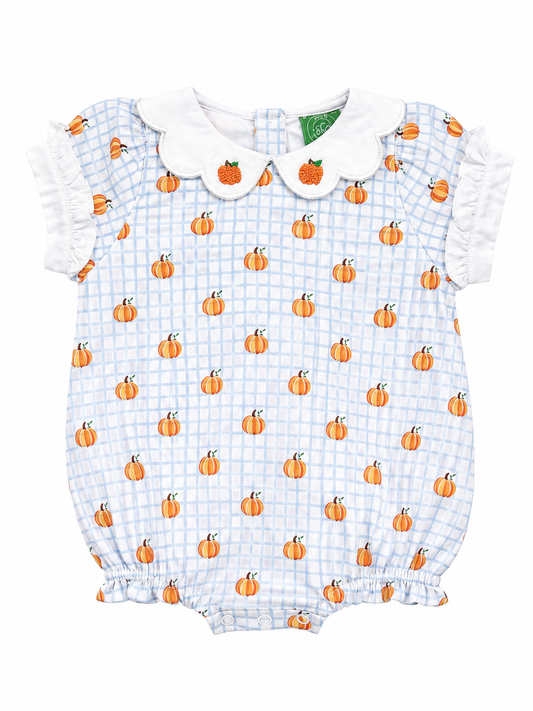 Blue Pumpkin Print French Knot Bubble Romper for Girls | Scalloped Collar Fall Outfit