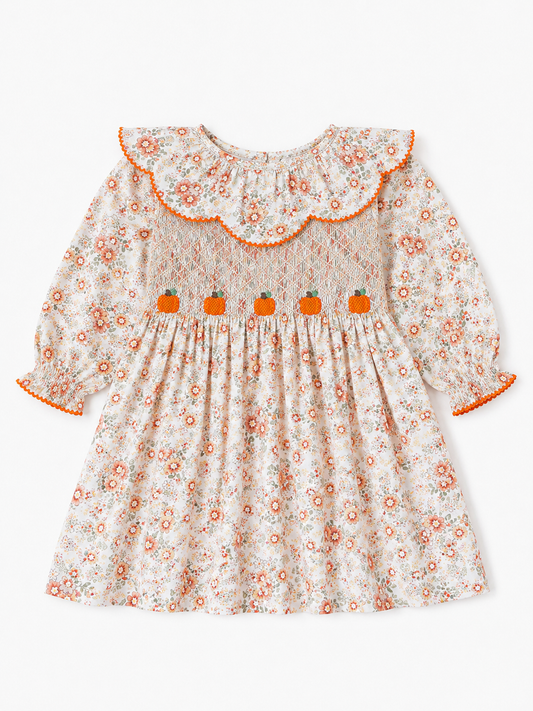Girls Hand Smocked Floral Pumpkin Dress | Heirloom Fall Boutique Dress