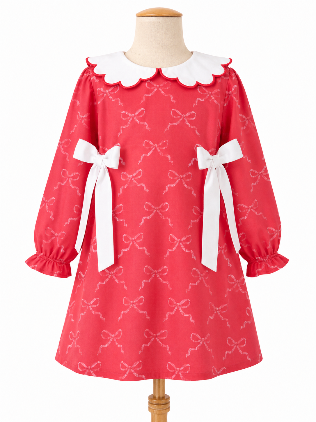 Girls Red Christmas Bow Dress with Scalloped Collar