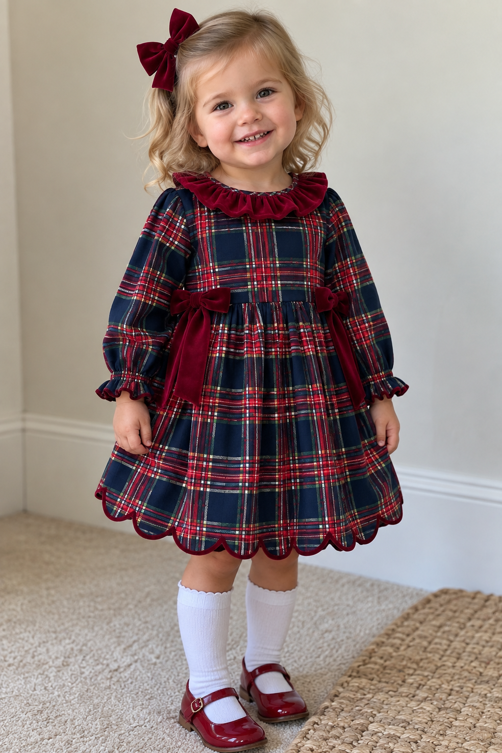 Girls Navy Plaid Christmas Dress with Burgundy Velvet Bows