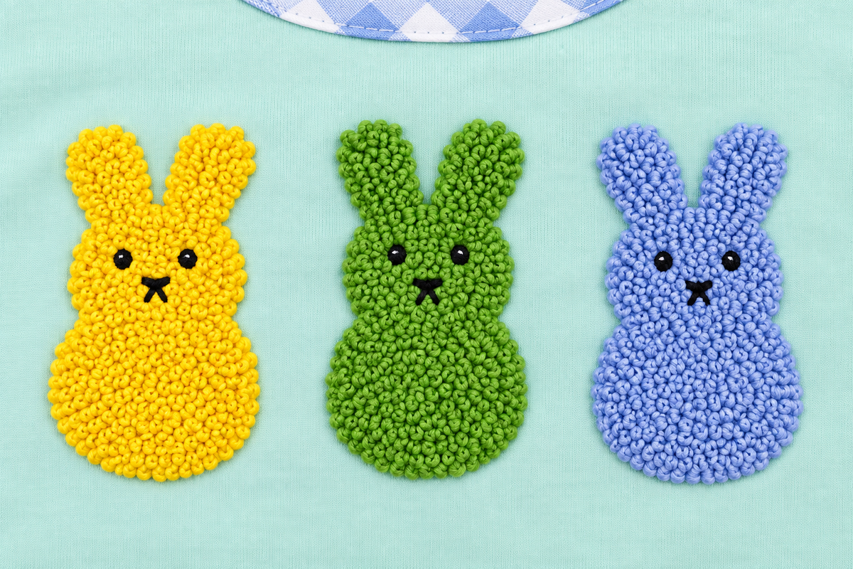 Close-up of yellow, green and blue French knot Easter bunnies on a mint green boys shirt.