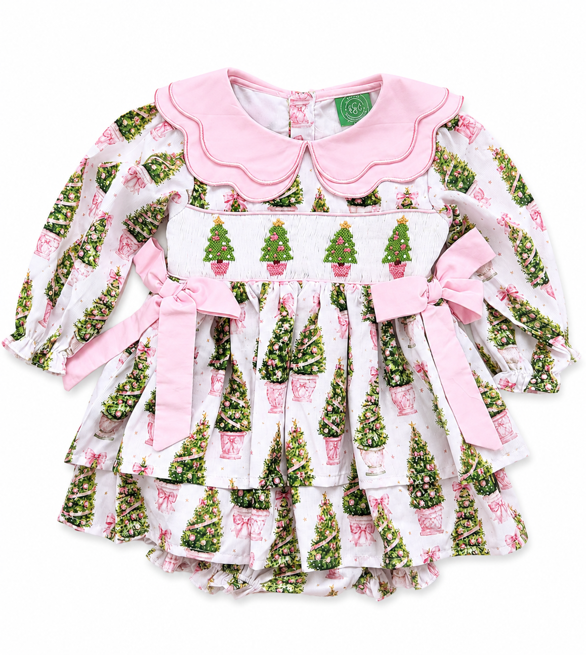 PREORDER | Girls Hand Smocked Christmas Tree Bubble Romper | Arrives September | Boutique Holiday Outfit