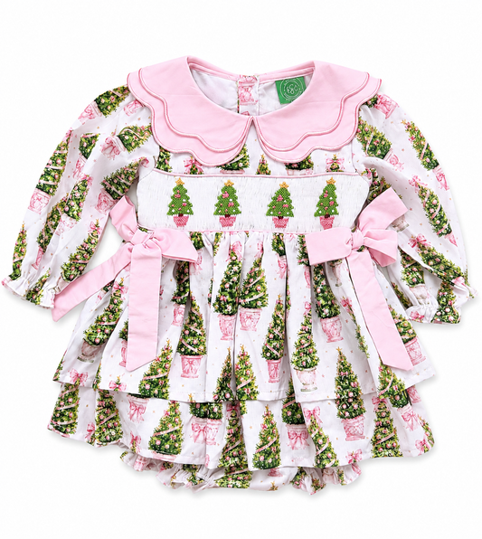 PREORDER | Girls Hand Smocked Christmas Tree Bubble Romper | Arrives September | Boutique Holiday Outfit