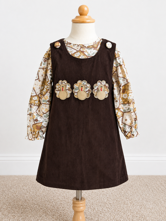 Girls Thanksgiving Turkey Brown Corduroy Jumper Dress Set