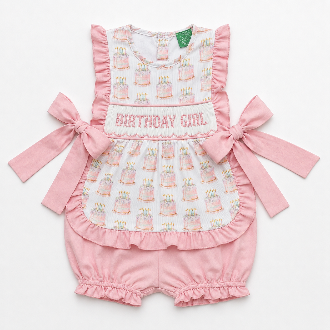 Hand-Smocked Birthday Girl Side-Tie Bloomer Set – Pink Birthday Cake Outfit