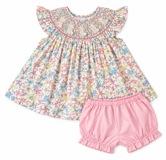 Girls Easter hand-smocked bunny floral dress with pink bloomer shorts.