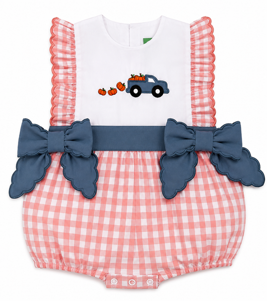 Girls Pumpkin Patch Pickup Bubble | Pink Gingham Fall Bubble Romper