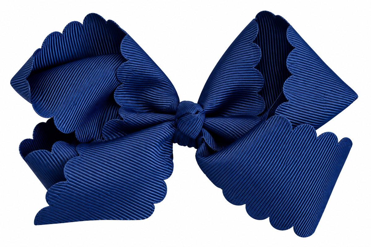 Navy grosgrain scalloped hair bow with alligator clip 4.3"