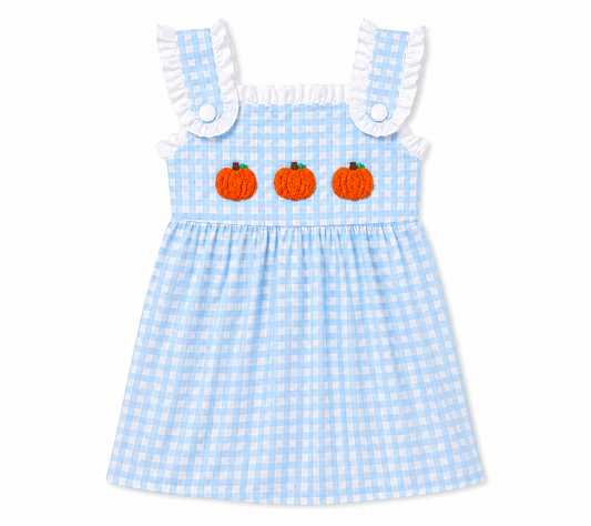 Girls Blue & White Gingham French Knot Pumpkin Dress | Classic Fall Boutique Dress