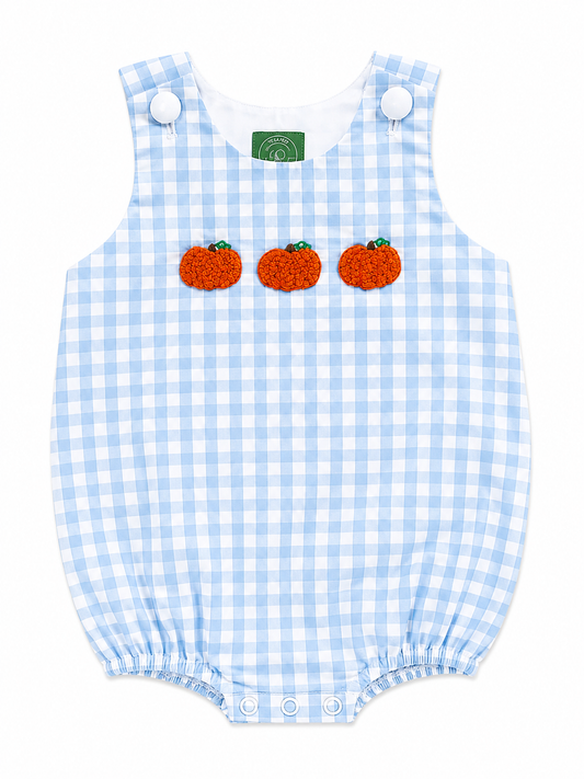 Boy's Blue & White Gingham French Knot Pumpkin Bubble | Fall Baby Bubble Romper