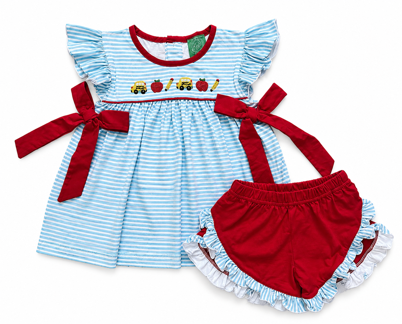 Back to School French Knot Girls Ruffle Short Set with Side Bows