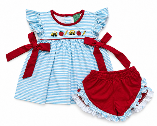 Back to School French Knot Girls Ruffle Short Set with Side Bows
