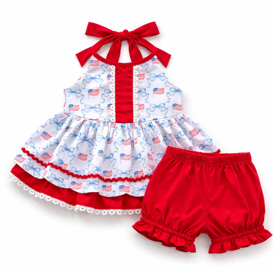 Patriotic Flag & Bow Girls Bloomer Set – Red Ruffle Halter Top & Bloomer Shorts | Fourth of July Outfit