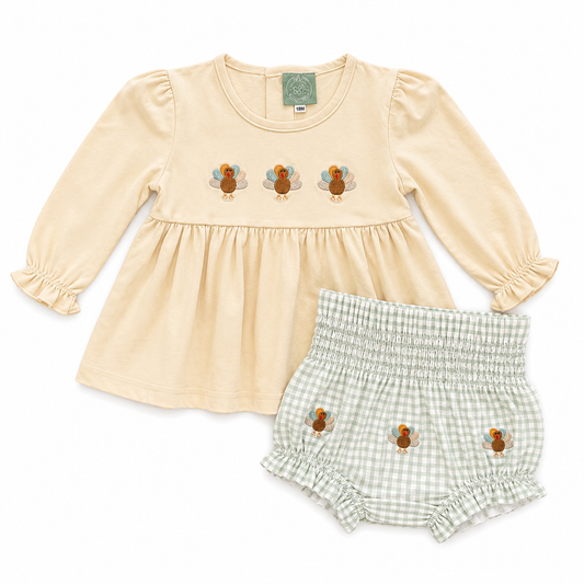 Girls Turkey Trio Appliqué Gingham Bloomer Set