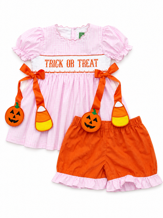 Girls Hand Smocked Trick or Treat Short Set | Pink Gingham Halloween Boutique Outfit