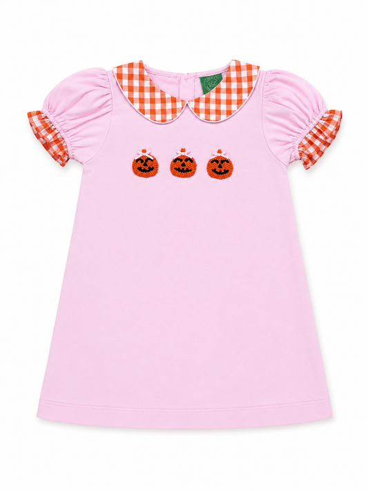 Girls Pink French Knot Jack-O'-Lantern Dress | Halloween Pumpkin Dress | Peter Pan Collar