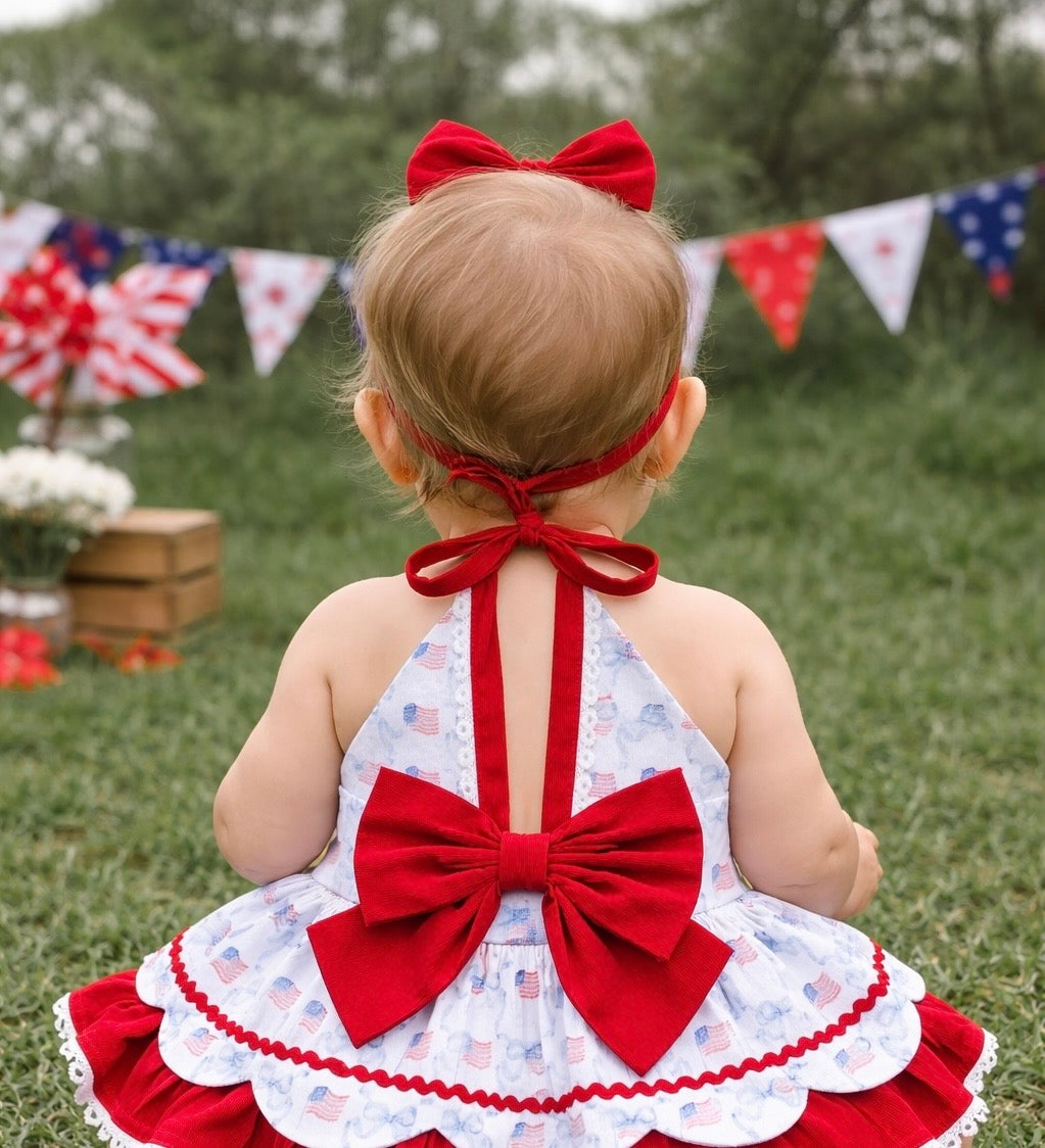 Patriotic Flag & Bow Sister Bubble – Red Ruffle Halter Bubble | Fourth of July Baby Outfit