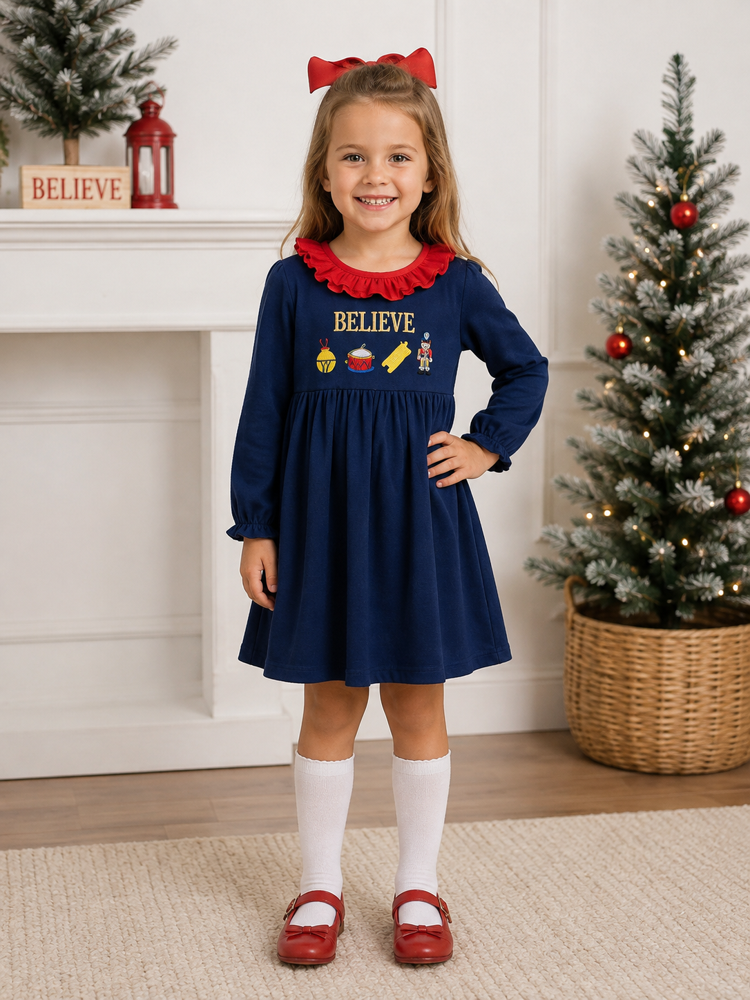 Girls Christmas Believe Train French Knot Dress