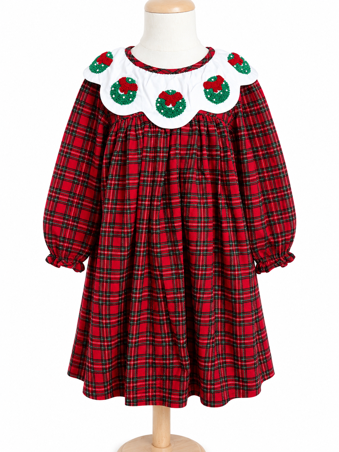 Girls Christmas Wreath French Knot Plaid Dress