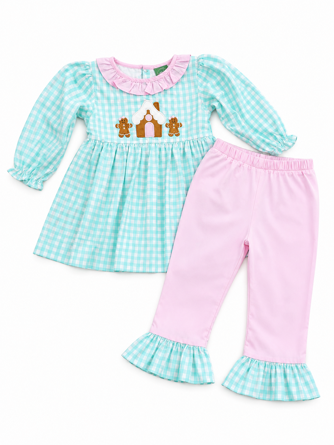 Girls Gingerbread Christmas Gingham Pants Set – Mint & Pink